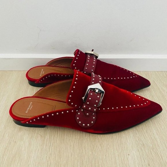 Givenchy Authentic Women's Burgundy Velvet Mules Size 39.5 Flat Slip On Shoes - Picture 3 of 10